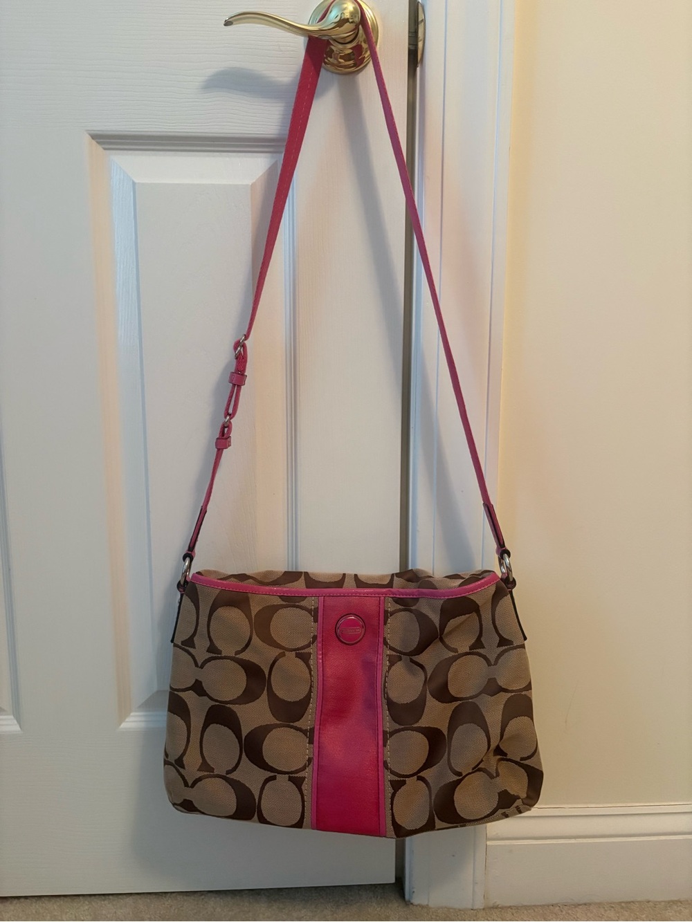 Coach Brown Signature Canvas Crossbody with Pink Trim